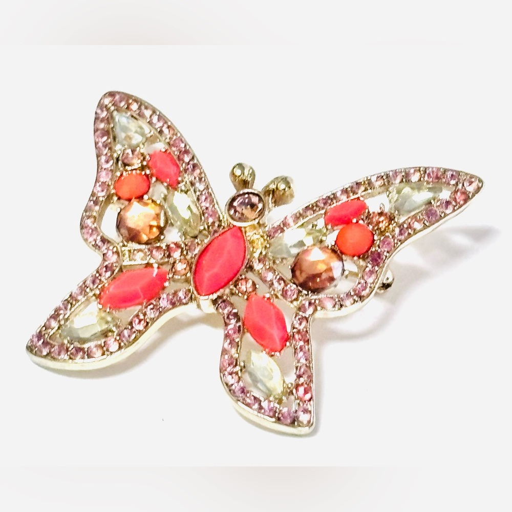 Napier Butterfly Faux Coral and Pink Rhinestone Brooch